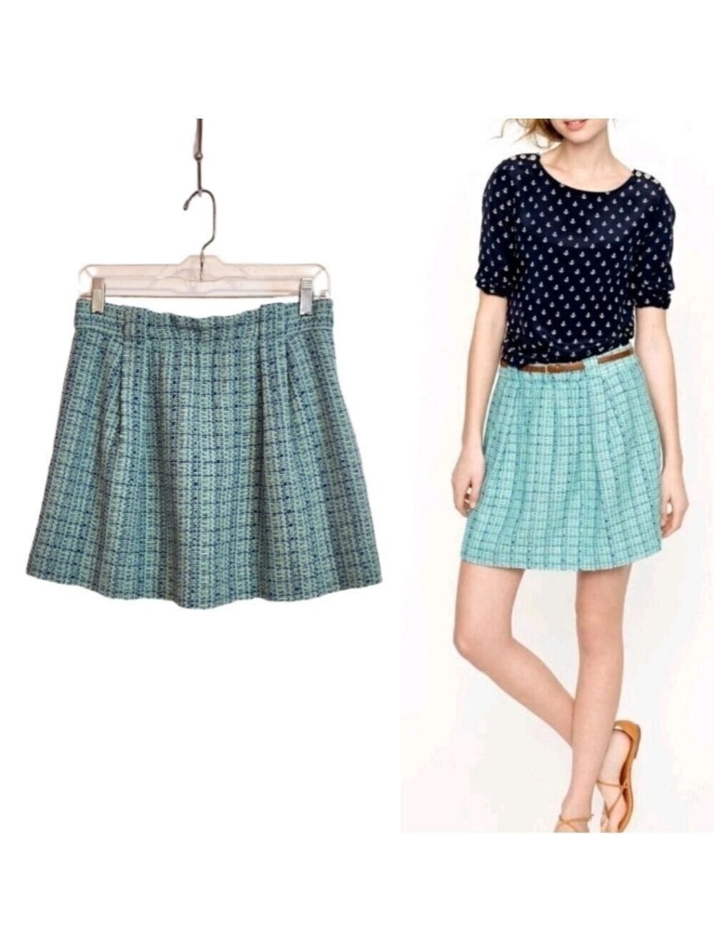 J Crew Tweed Mini A Line Skirt Aqua Blue Size 2